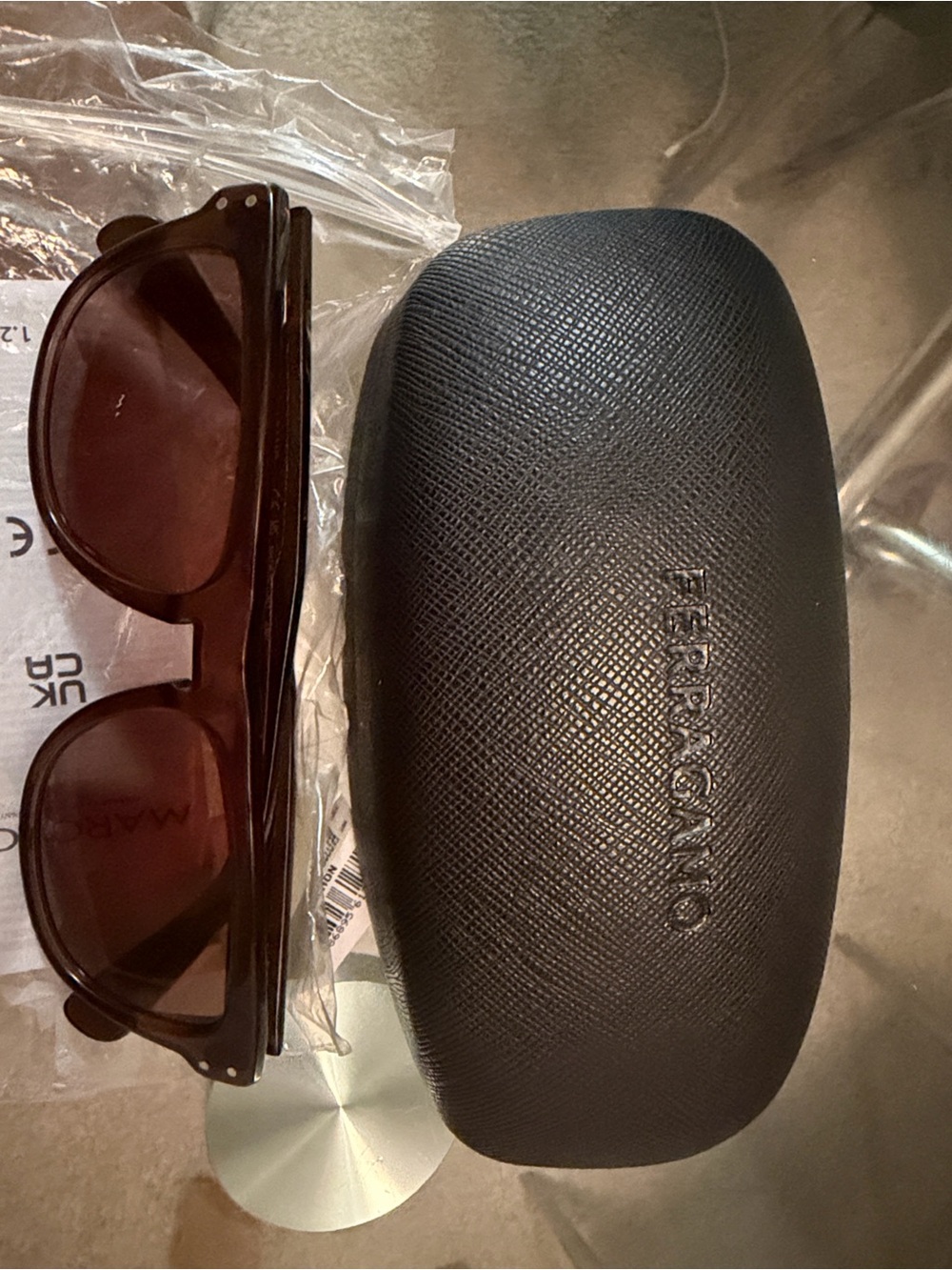 Ferragamo Sunglasses with Black Textured Case - Brown Lenses